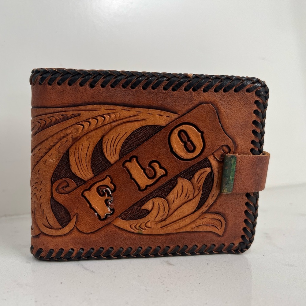 Handmade "Flo”Wallet Hand Tooled Vintage Mexican Leather Bifold Cognac